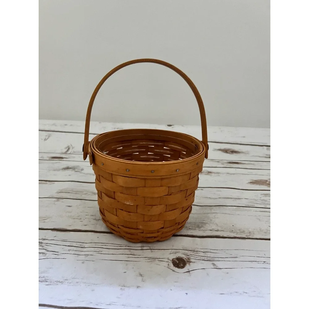 VTG Longaberger Basket Brown Round Woven Swivel Handle Plastic Liner 1997 Small